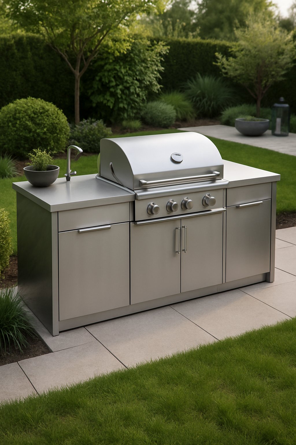 An outdoor kitchen with stainless steel appliances surrounded by a green garden and patio area.