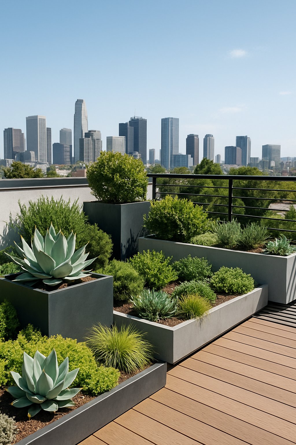 An urban rooftop garden with compact drought-tolerant plants and a city skyline in the background.