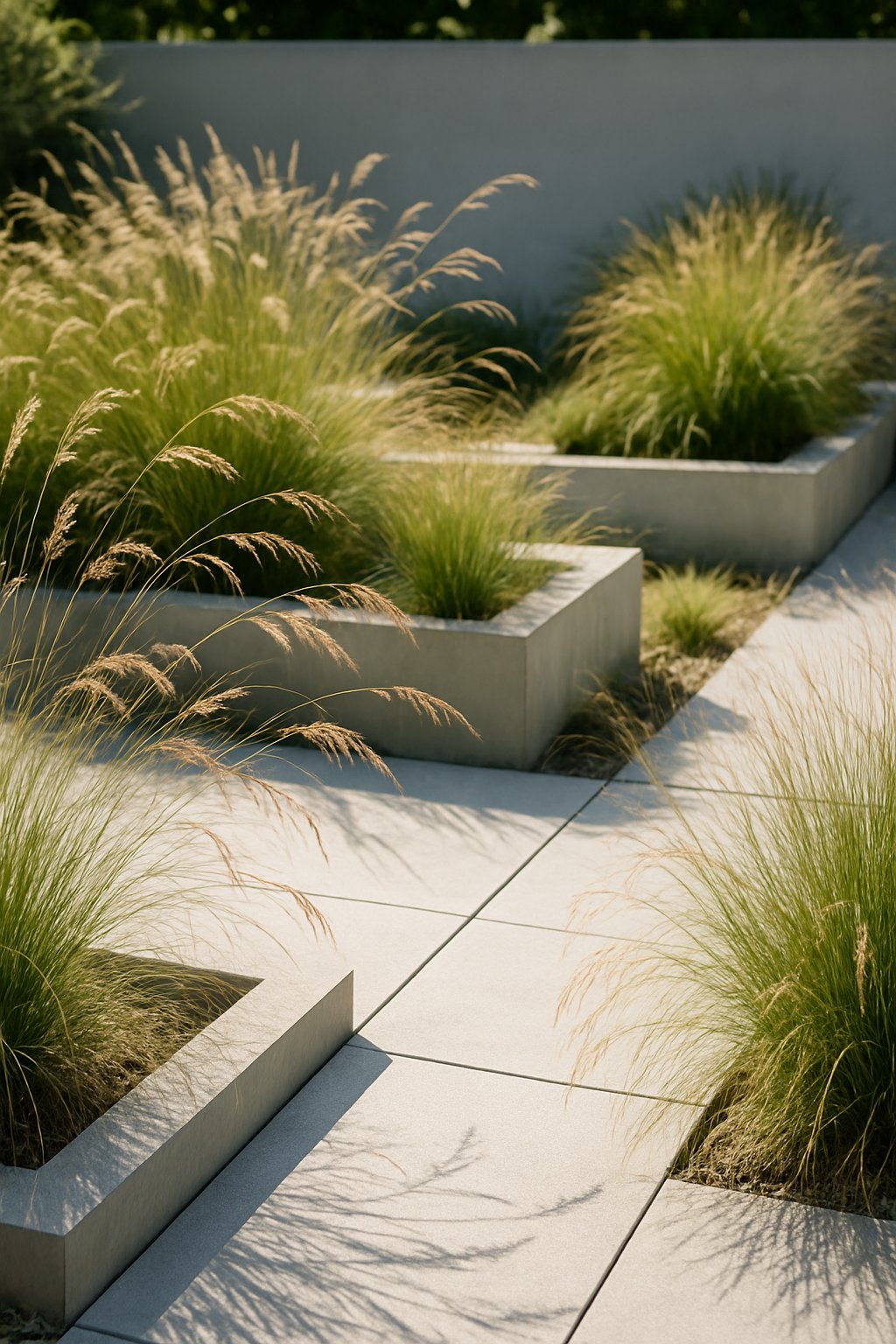 A modern garden with clean pathways and planters softened by tall wild grasses gently swaying in the breeze.