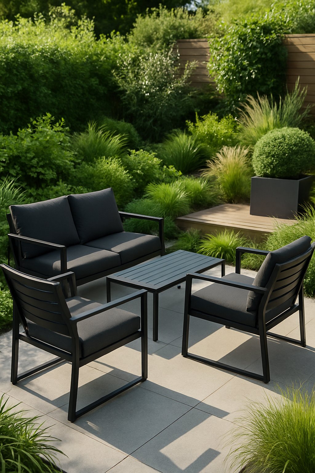 An outdoor garden area with black and slate-colored furniture surrounded by green plants and a stone patio.