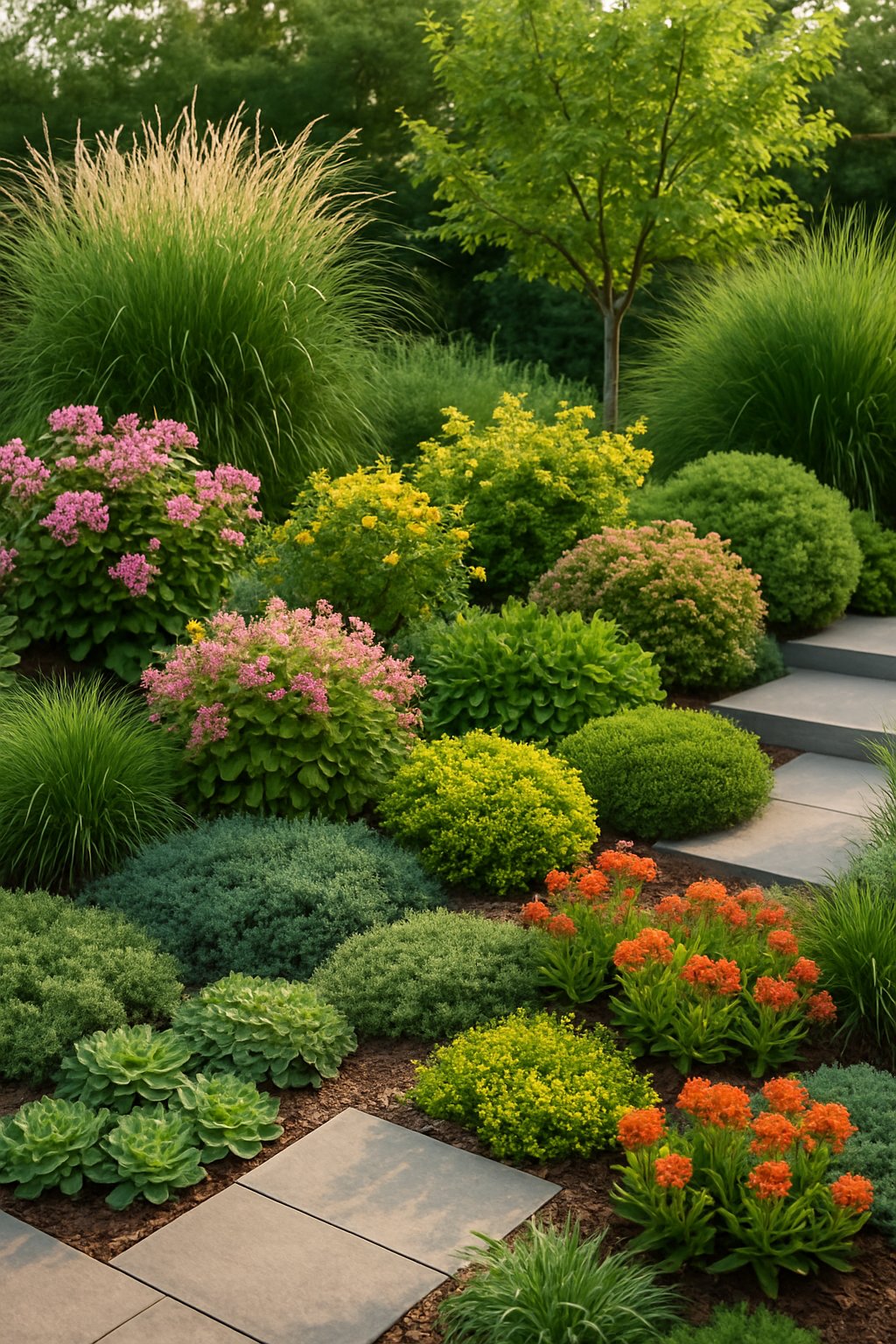 A modern garden with plants arranged by height, including tall grasses, medium shrubs, and low ground cover, creating a layered and balanced outdoor scene.