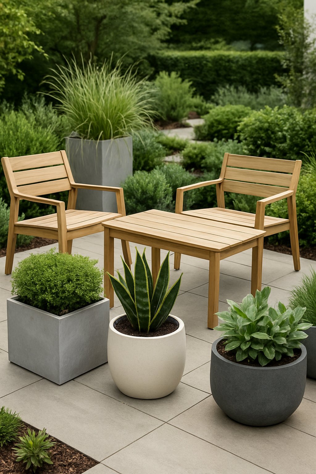 An outdoor garden area with modern wooden furniture and green plants in planters arranged on a deck.