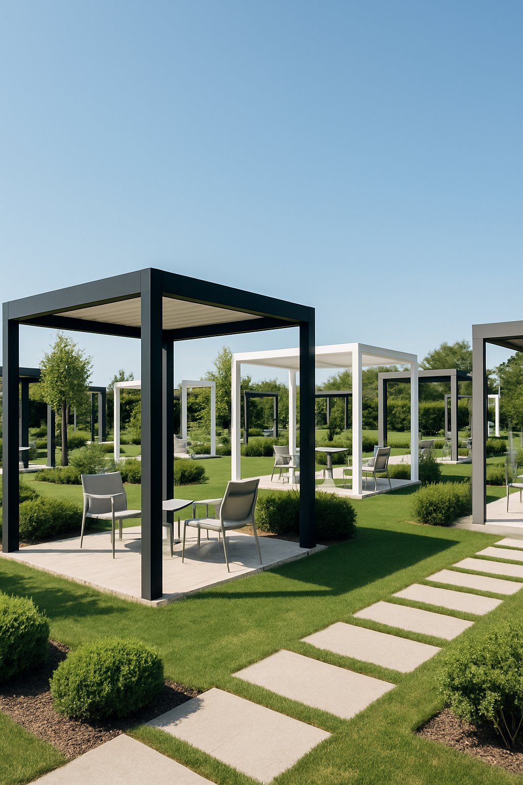 A garden with multiple flat-roofed pergolas surrounded by green plants and outdoor seating under natural daylight.