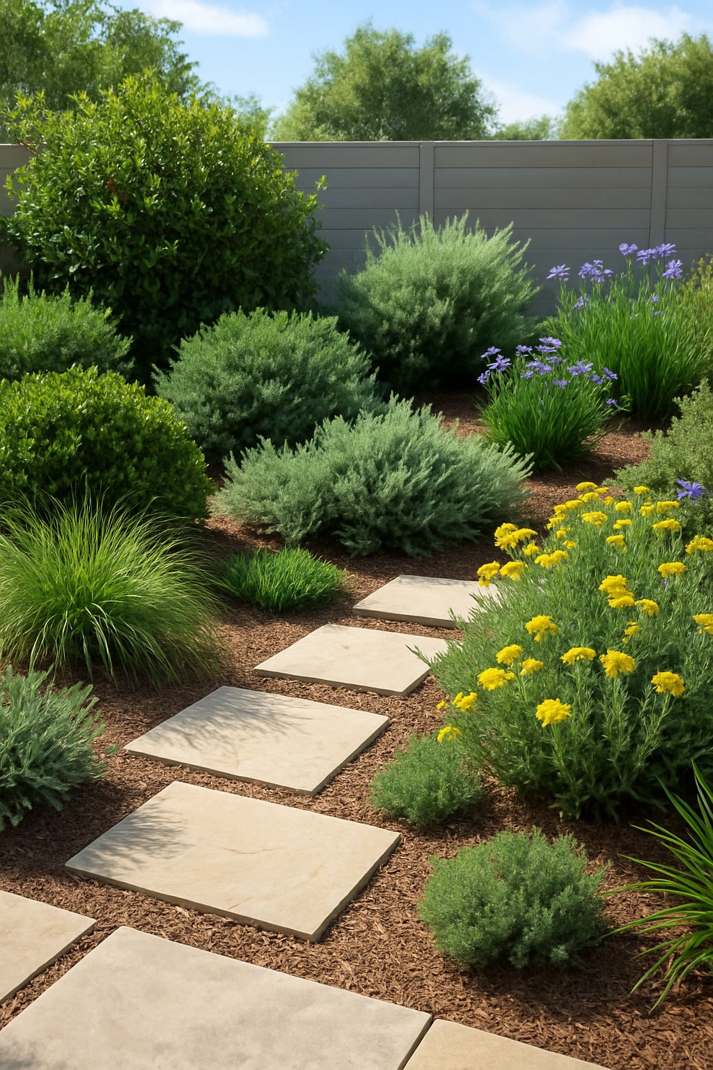 A modern garden with native plants, stone pathways, and green shrubs under natural sunlight.