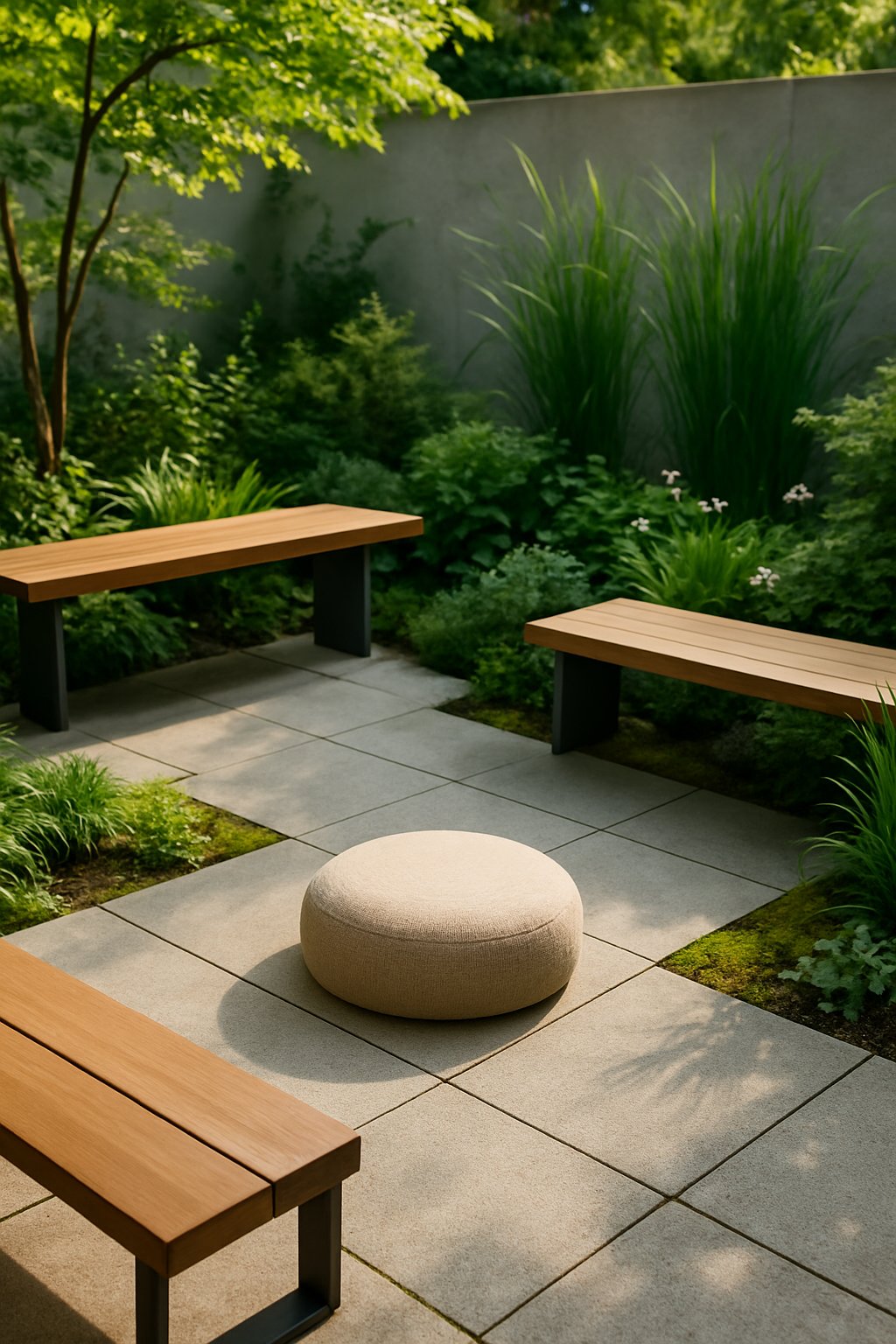 A peaceful garden corner with sleek benches surrounded by green plants and stone tiles.