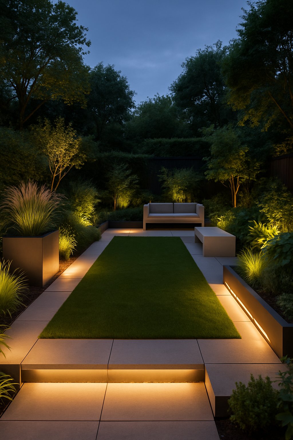 An evening garden with soft ambient lighting, modern plants, and outdoor seating.