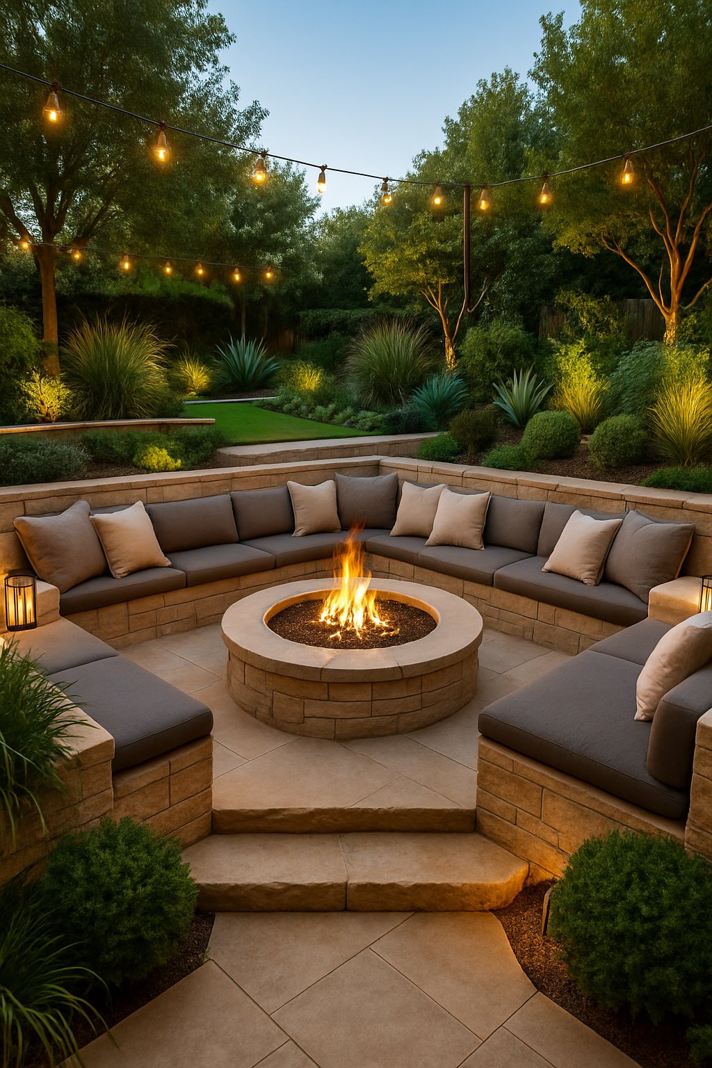 Sunken outdoor fire pit seating area with stone benches and cushions surrounded by greenery and ambient lighting.