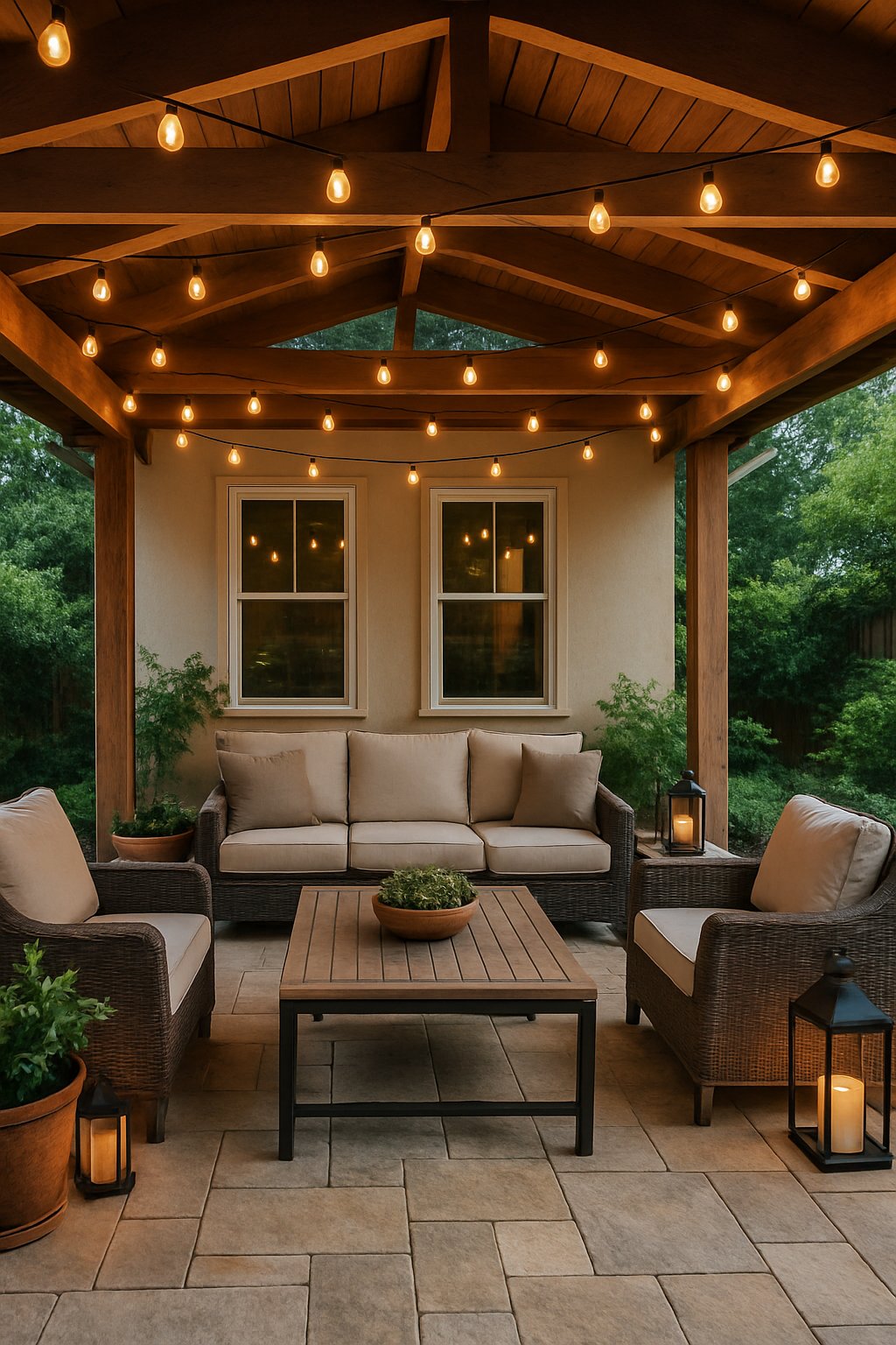 Covered outdoor patio with string lights, comfortable seating, and decorative plants set up for entertaining.