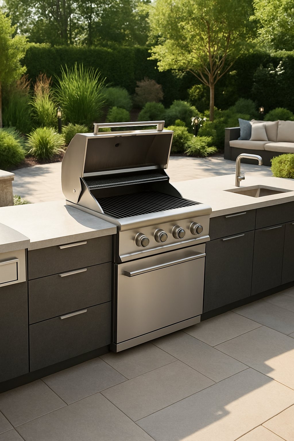 Outdoor kitchen with built-in grill and seating area surrounded by plants.