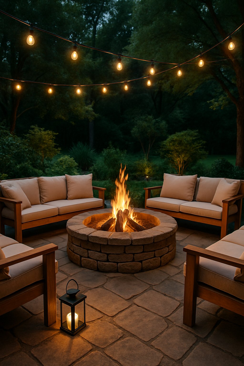 Outdoor fire pit surrounded by wooden benches with cushions in a garden setting.