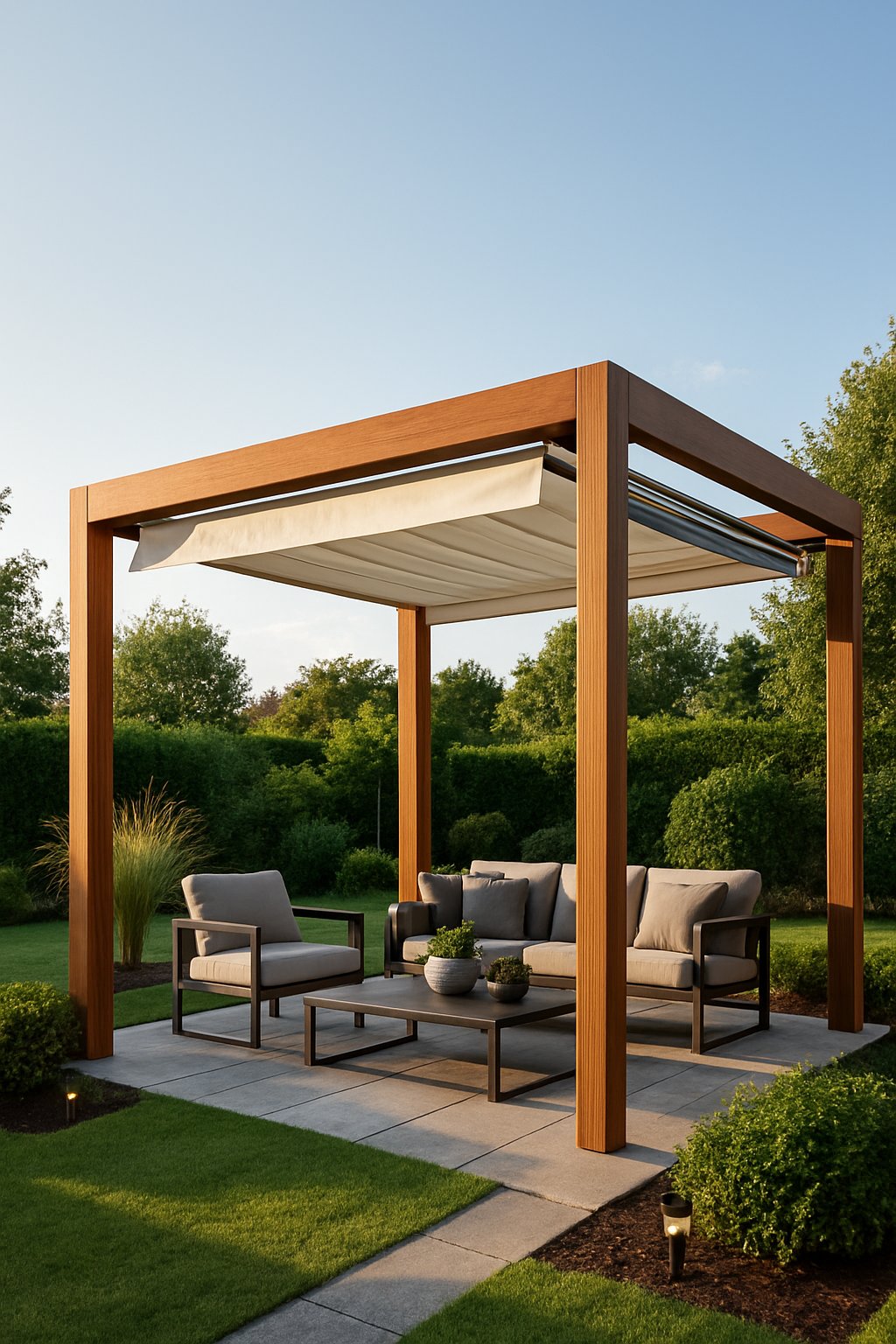 Outdoor living space with a wooden pergola featuring a partially extended retractable canopy over a seating area surrounded by greenery.