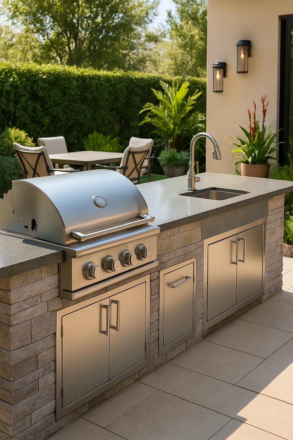Built-in outdoor kitchen with grill and seating area surrounded by plants.
