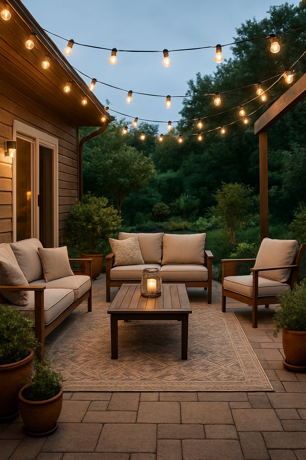 Outdoor patio with string lights overhead, comfortable seating, and plants in a garden setting.