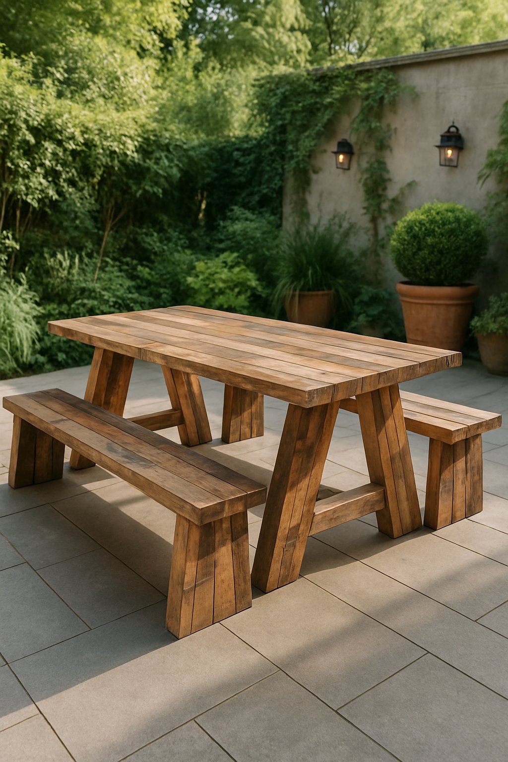 Outdoor picnic table with benches on a patio surrounded by plants.