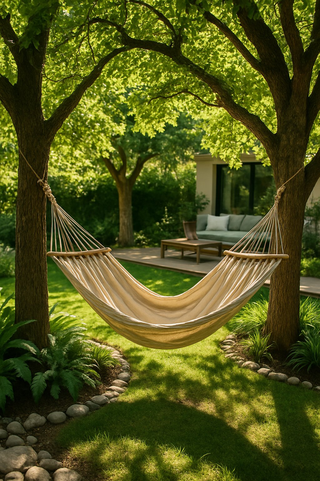 A hammock hanging between two large shade trees in a green outdoor living space with plants and soft sunlight.