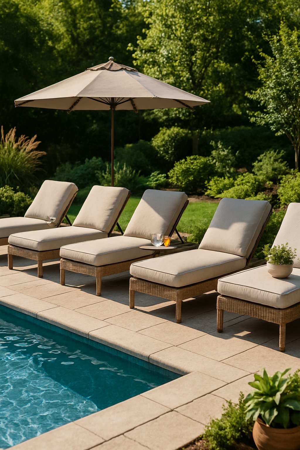 Four cushioned lounge chairs arranged beside a clear blue swimming pool with green plants and a stone patio.