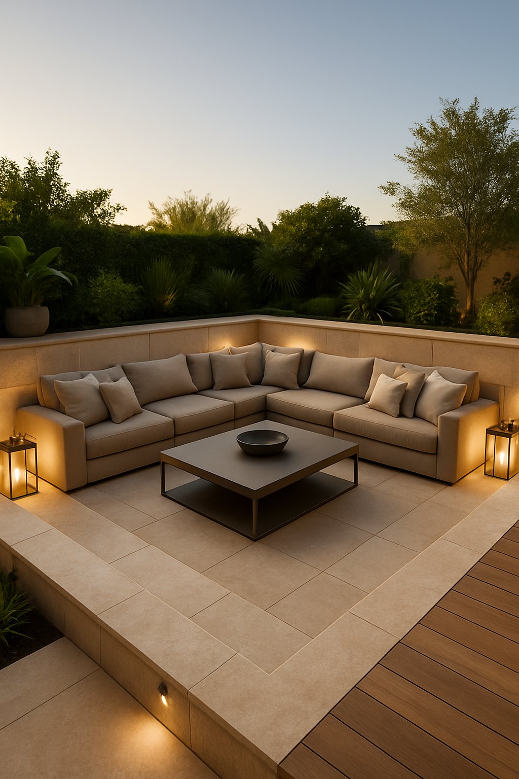 A sunken outdoor seating area with a large sectional sofa surrounded by plants and natural decking.
