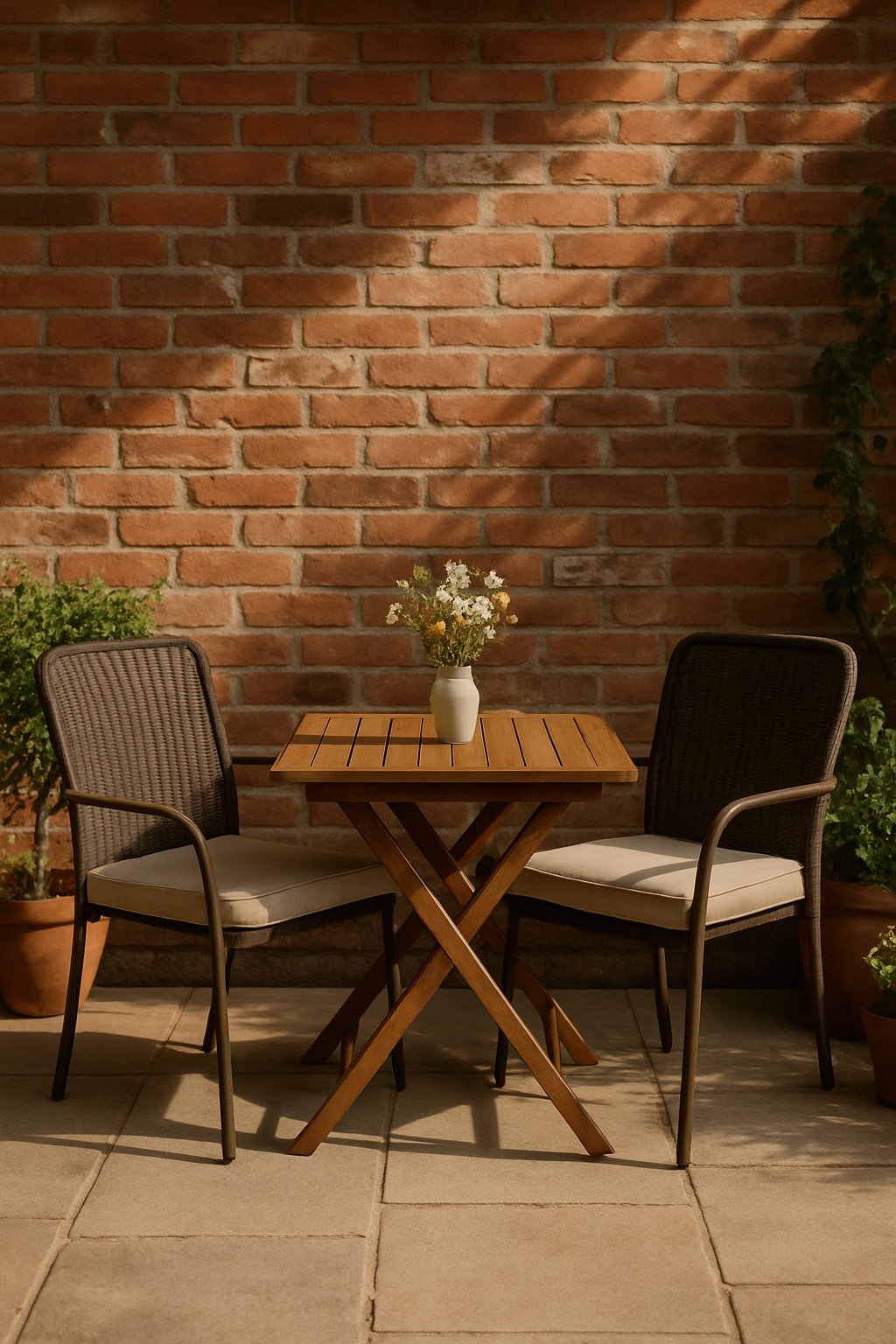 Outdoor dining nook for two with a small table and chairs against a brick wall in a sunny patio setting.