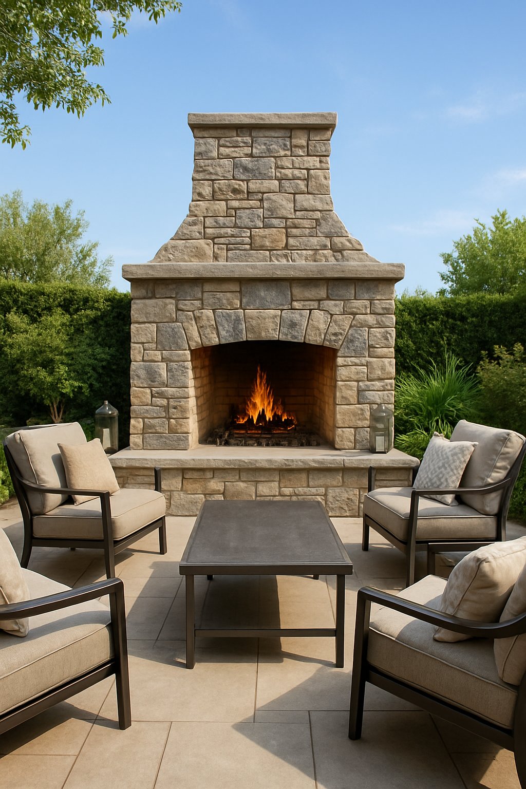 Outdoor living space with a stone fireplace, seating area, and plants on a patio.