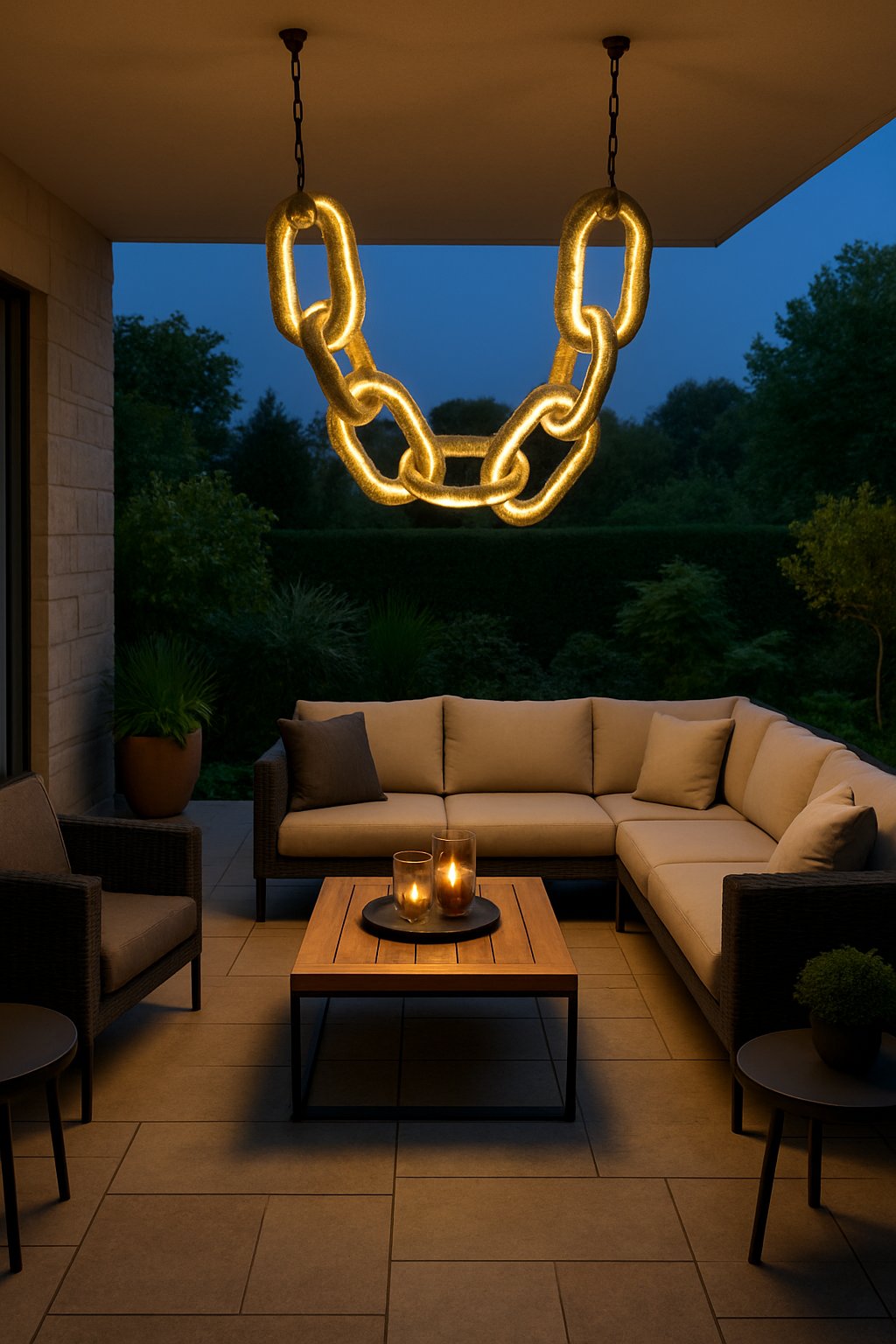 An outdoor patio with modern furniture and a sculptural chain light fixture hanging overhead, surrounded by plants and illuminated by warm lighting.