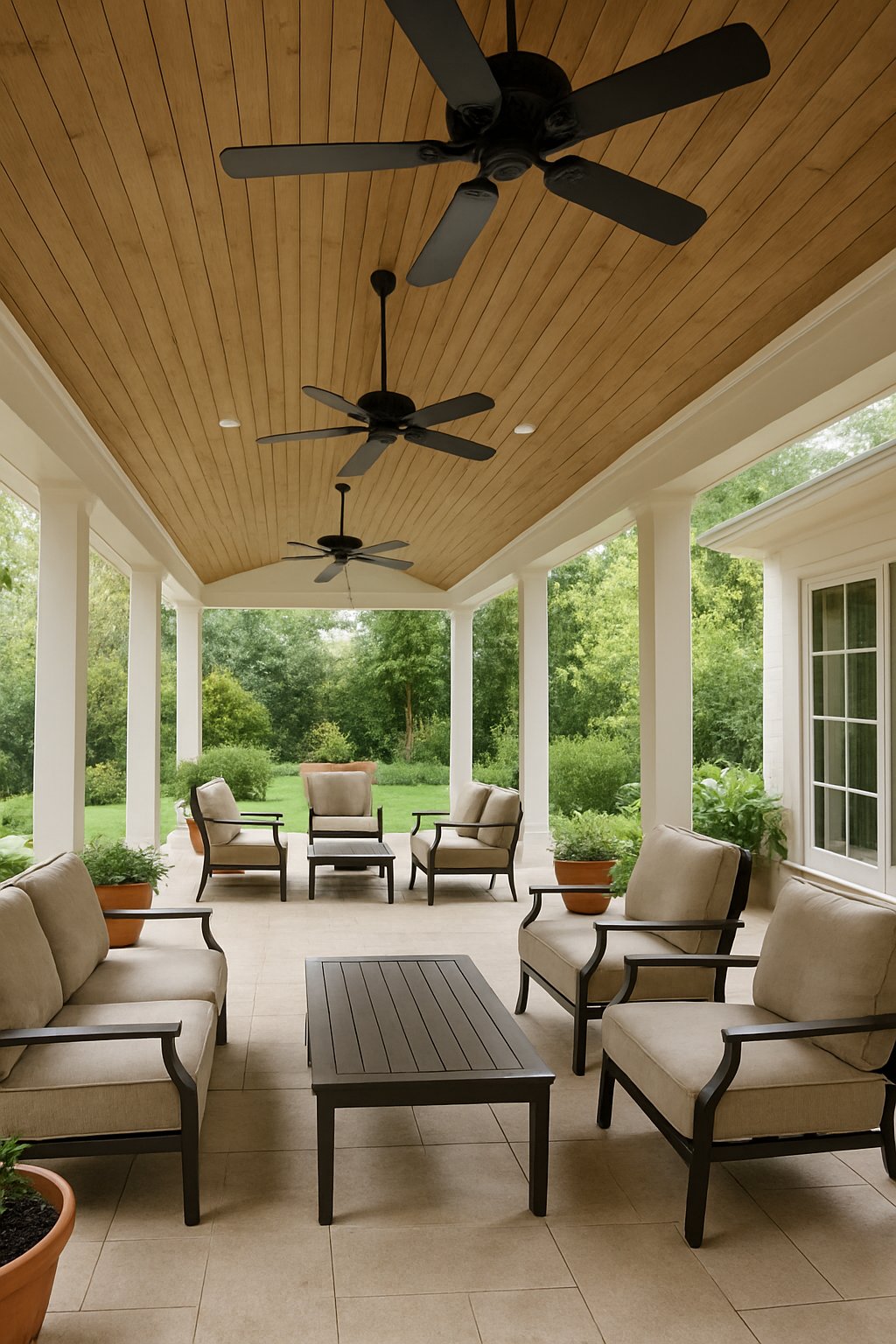 Covered patio with ceiling fans and outdoor seating surrounded by plants.