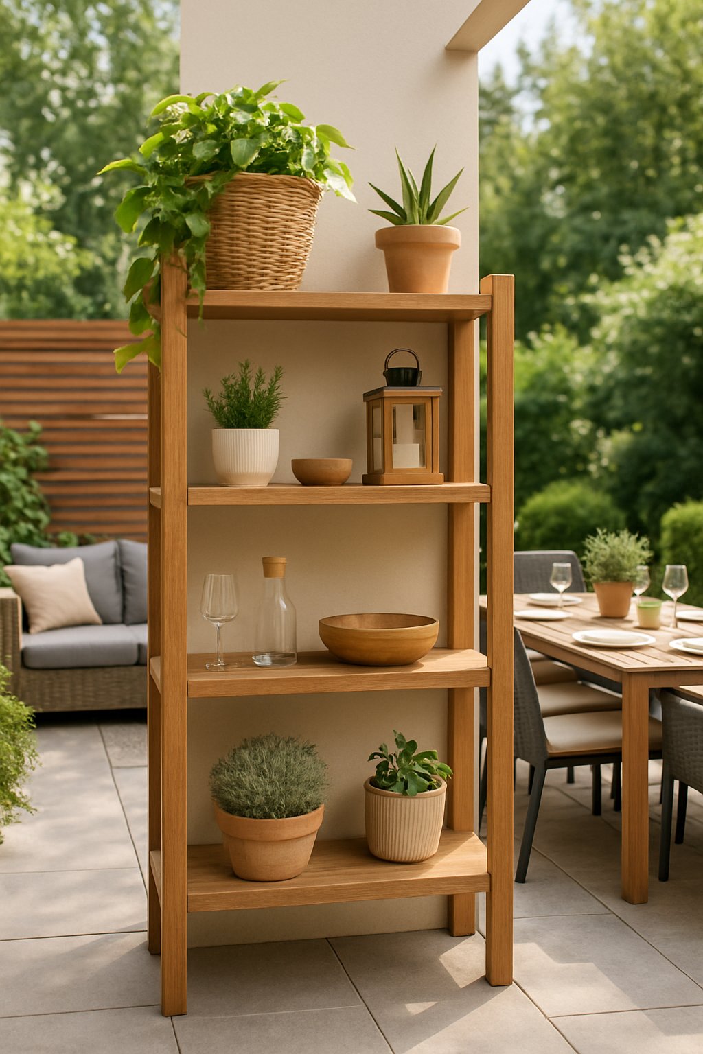 Outdoor entertaining area with wood shelving, seating, dining table, and plants surrounded by greenery.