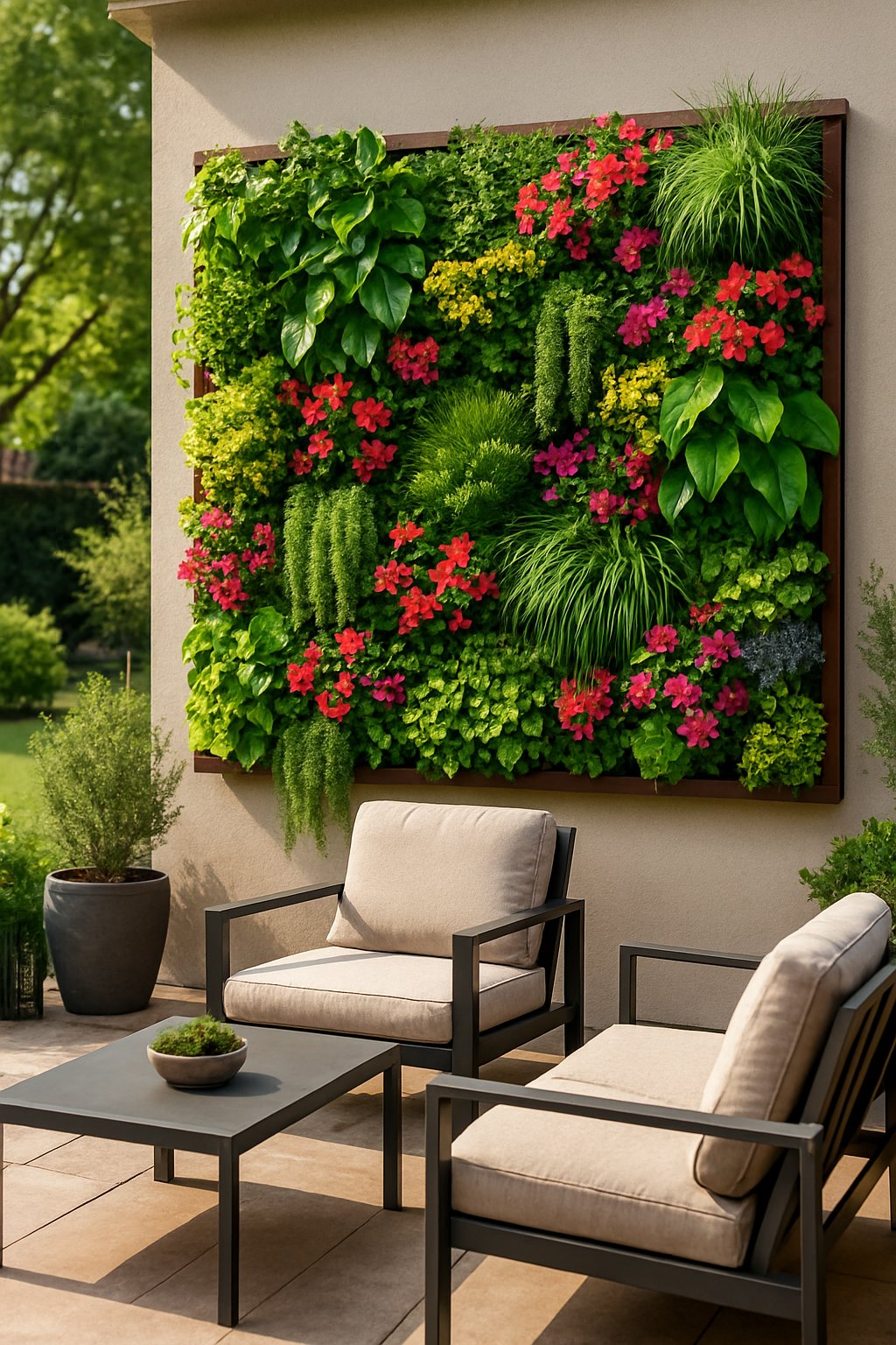 Outdoor living space with a vertical garden wall covered in green plants and flowers, surrounded by patio furniture on a wooden deck.