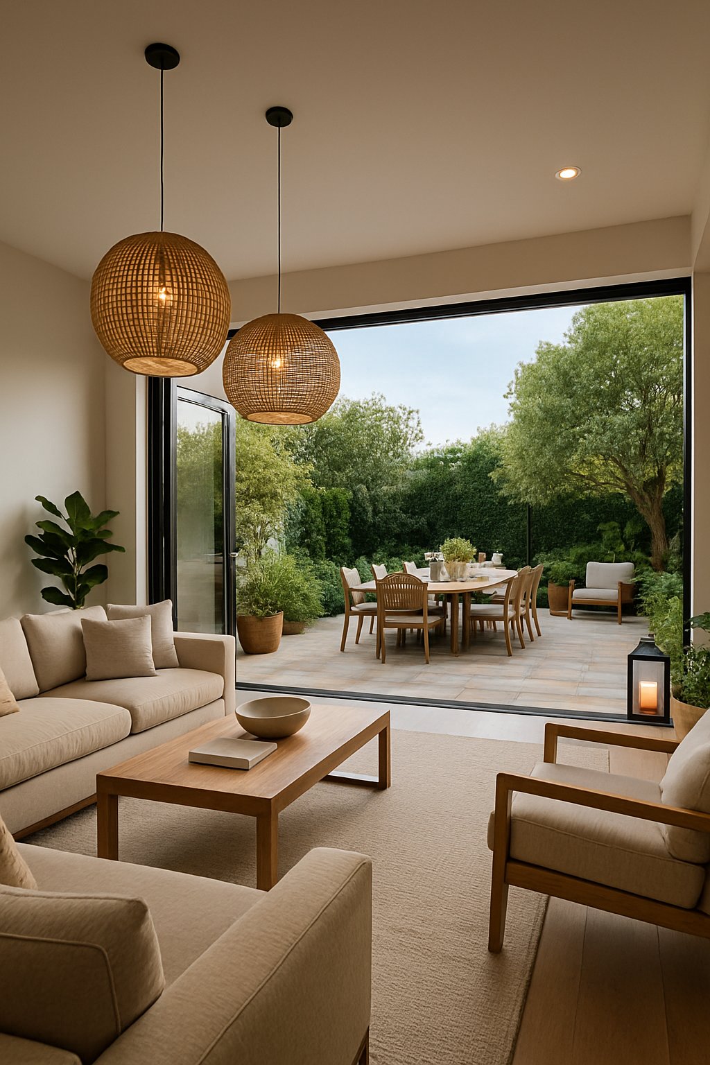 Indoor-outdoor living space with seating and dining area connected by open glass doors, surrounded by plants and patio.
