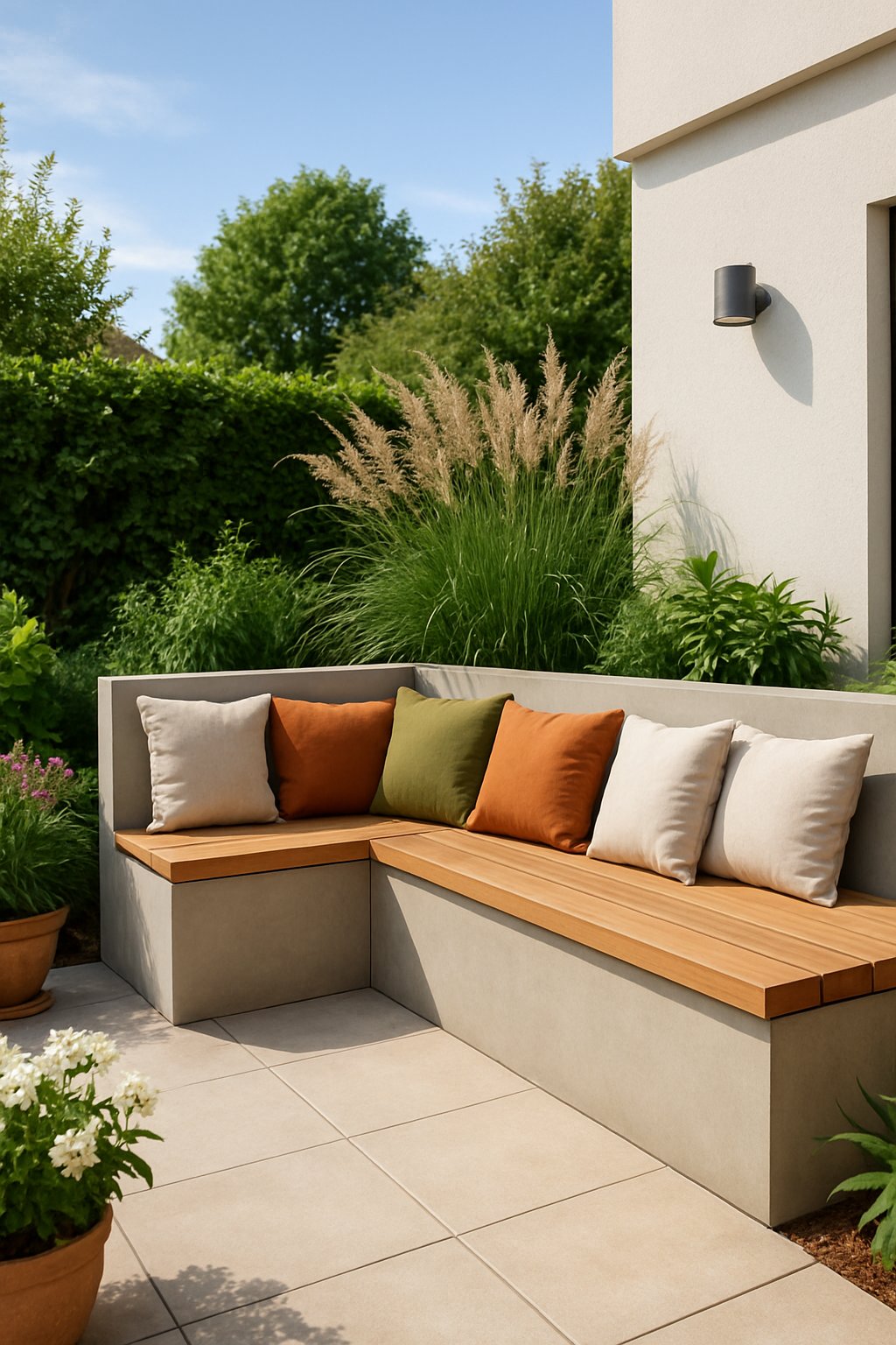 Outdoor living space with built-in bench seating and cushions surrounded by plants.