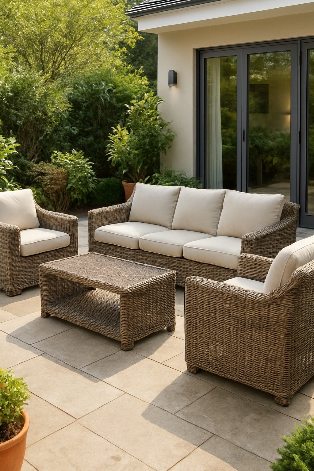 Outdoor patio with a weatherproof wicker furniture set including sofa, armchairs, and coffee table surrounded by plants.