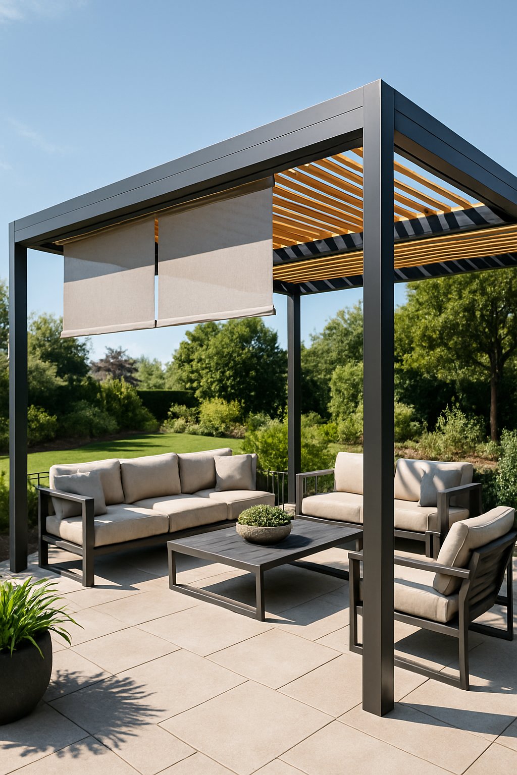 Outdoor patio with a modern pergola featuring partially extended retractable shades and comfortable seating surrounded by greenery.