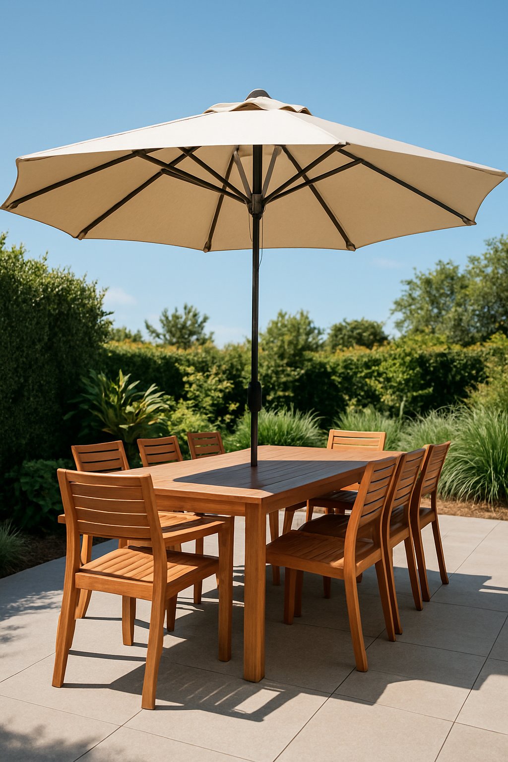 Outdoor dining table with umbrella in a garden patio setting.