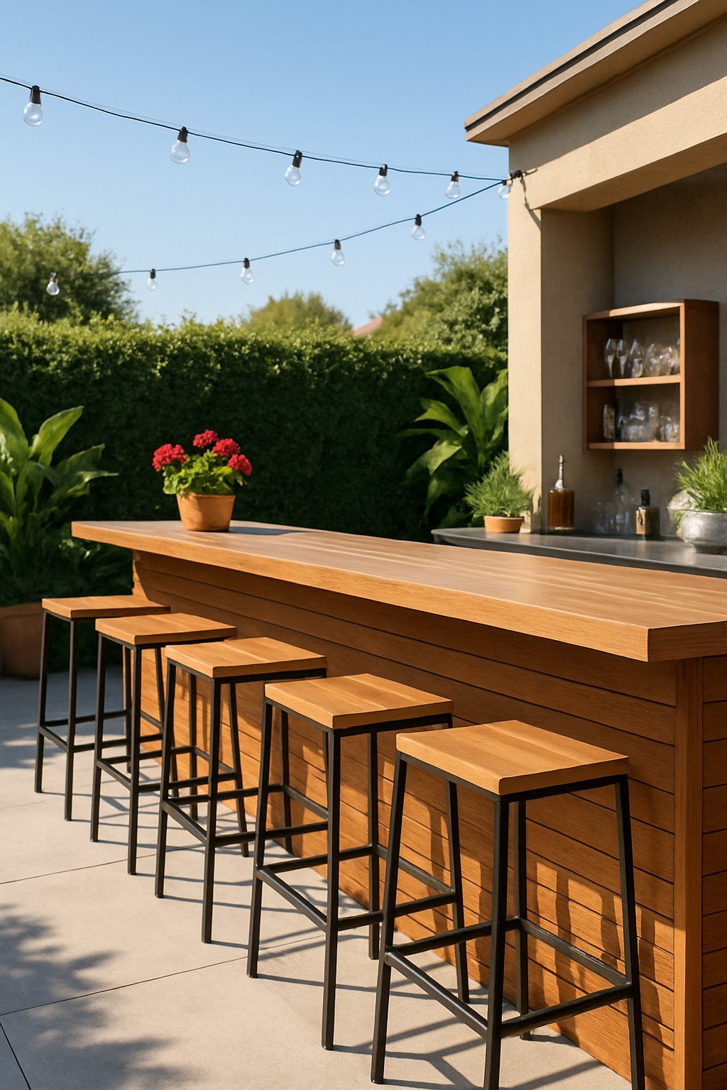 Outdoor bar with stools in a sunny garden entertaining area