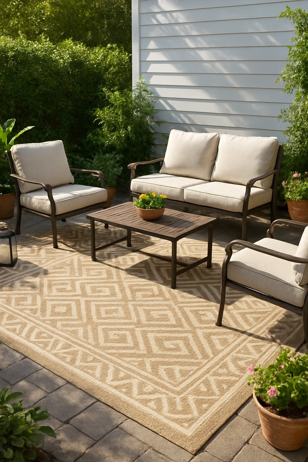 Outdoor living space with a comfortable rug, patio furniture, and plants.