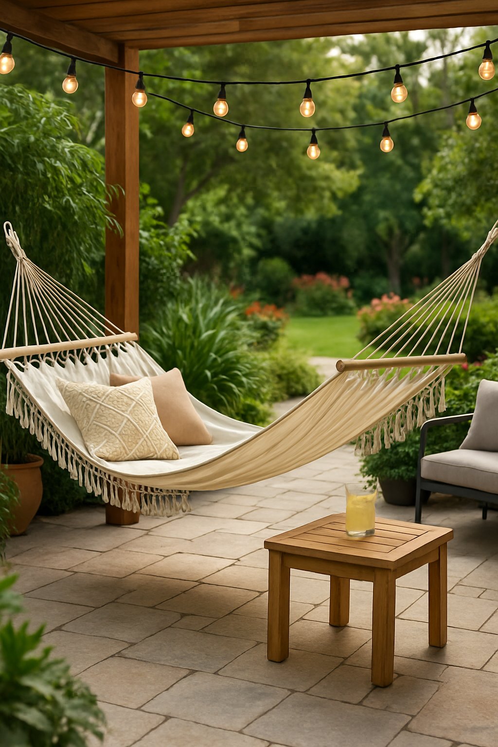 A hammock corner in an outdoor entertaining area with plants, stone flooring, and outdoor furniture.
