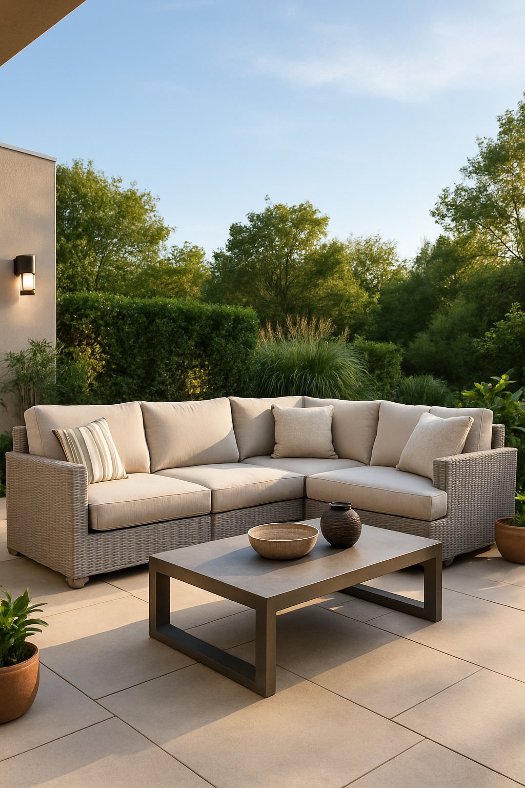 Outdoor patio with a large sectional sofa and plants under a clear sky.