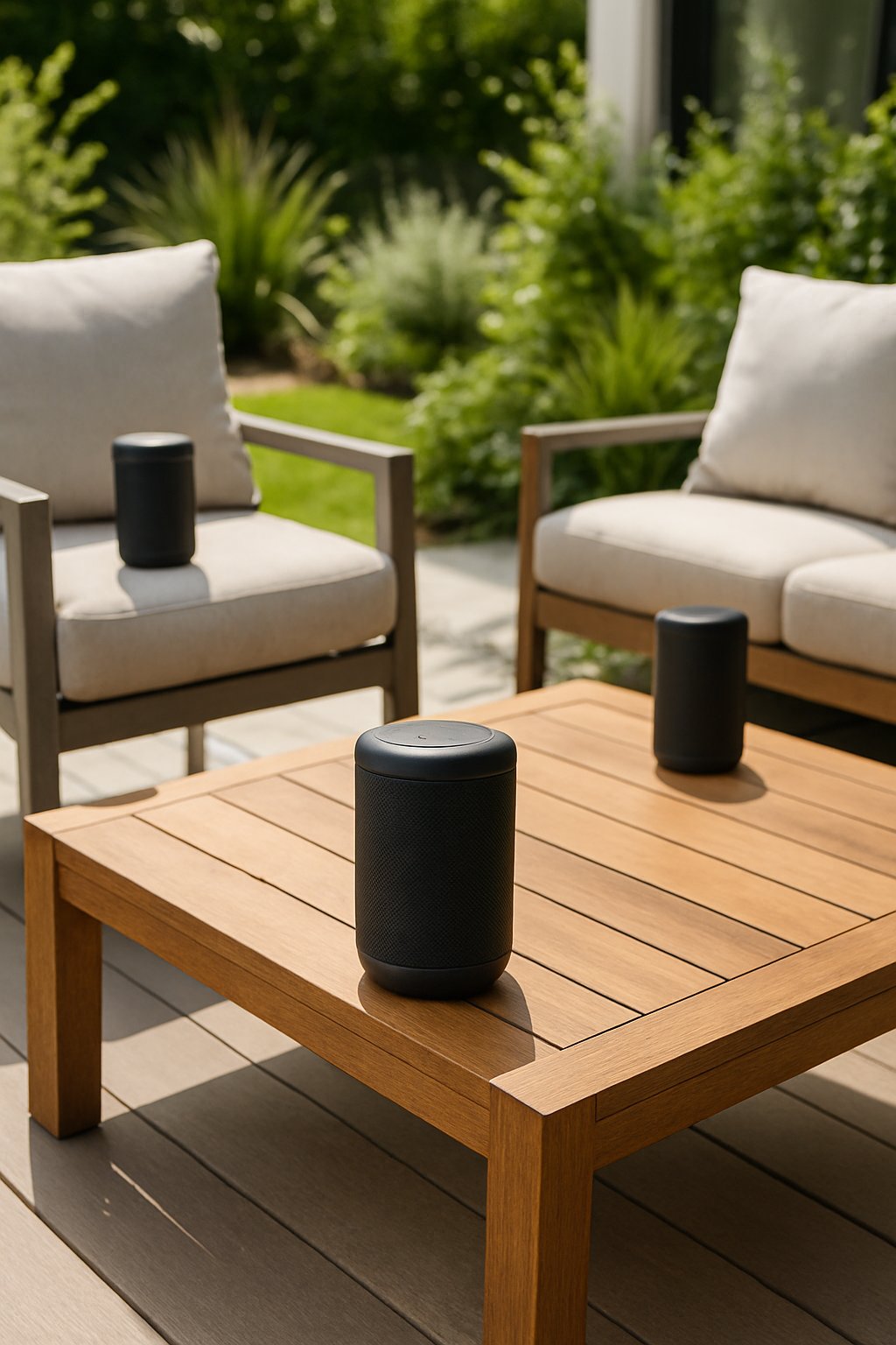 Outdoor patio with portable Bluetooth speakers placed around comfortable seating and greenery.
