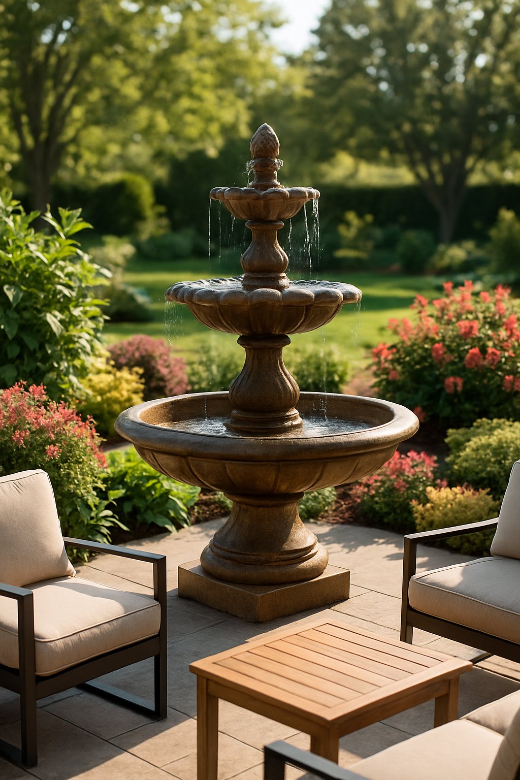 A garden fountain in the center of an outdoor living space with plants, seating, and a patio.