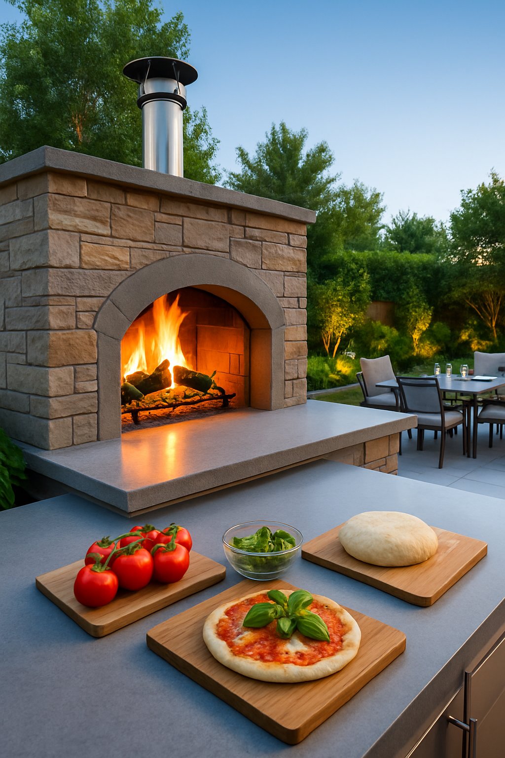 Outdoor built-in pizza oven station with seating and dining area surrounded by plants.