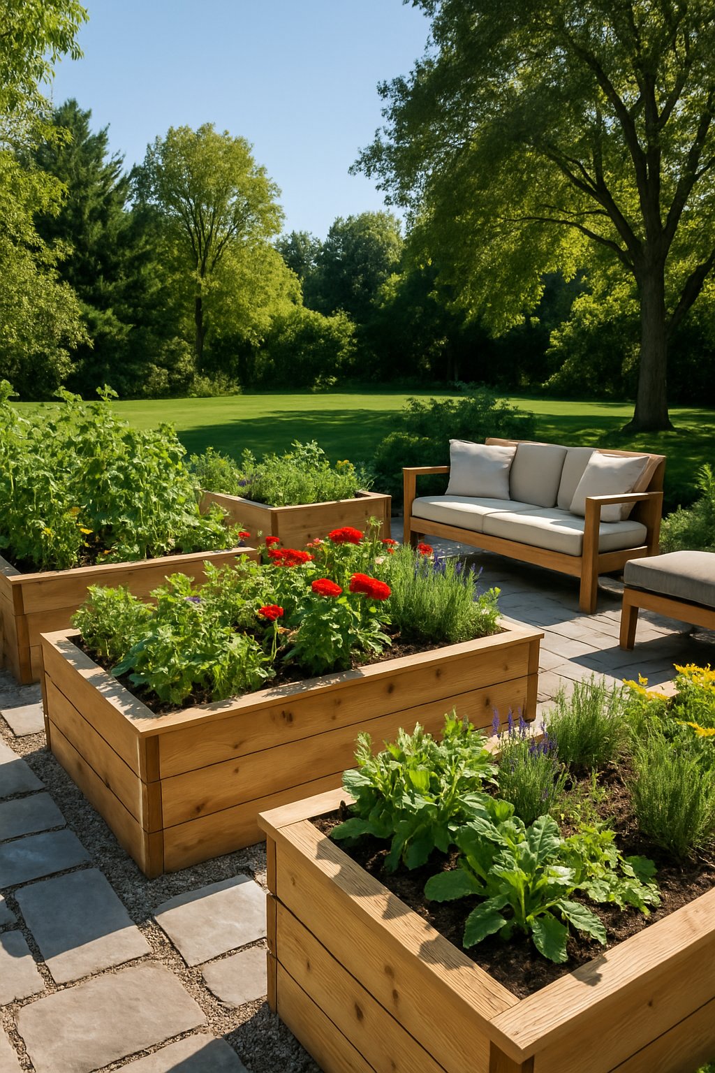 Outdoor living space with several wooden raised garden beds filled with plants and flowers, stone pathways, and nearby seating under natural sunlight.