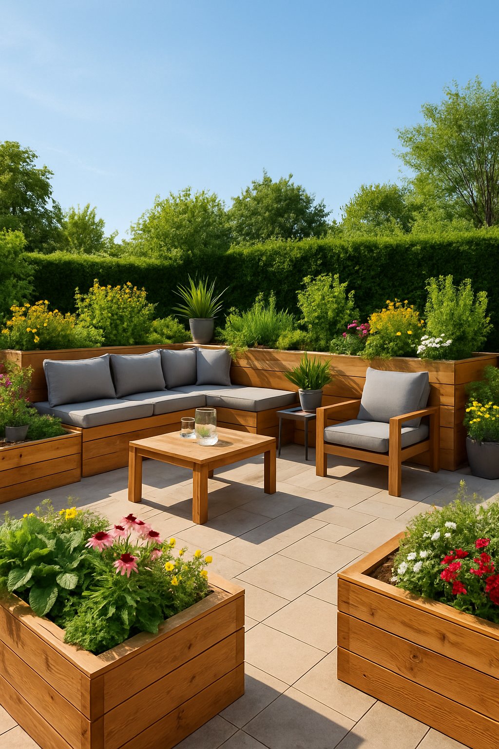 Outdoor entertaining area with raised garden beds and integrated seating surrounded by plants and flowers.