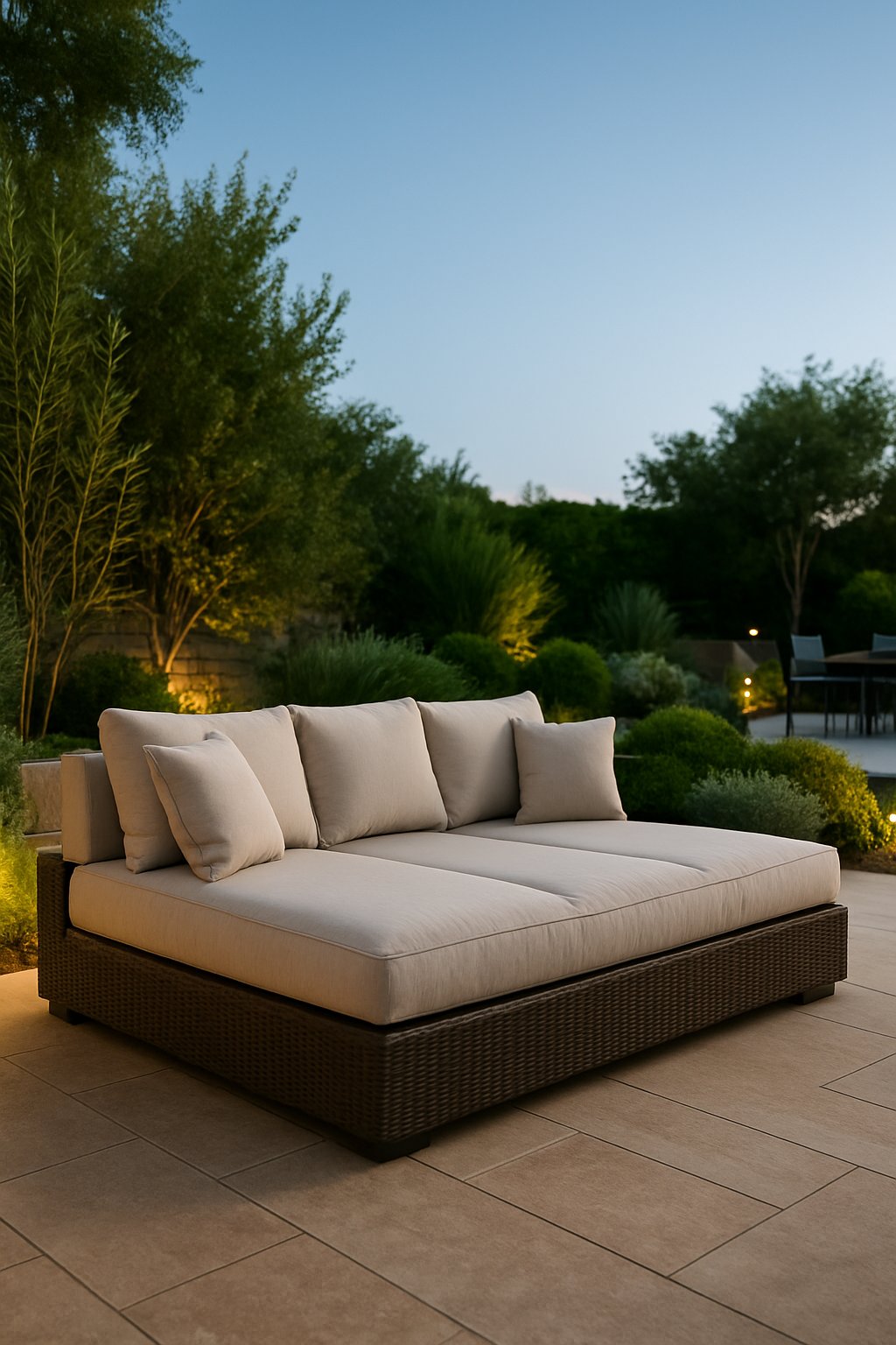 Outdoor living space with a daybed featuring waterproof cushions surrounded by plants and patio flooring.