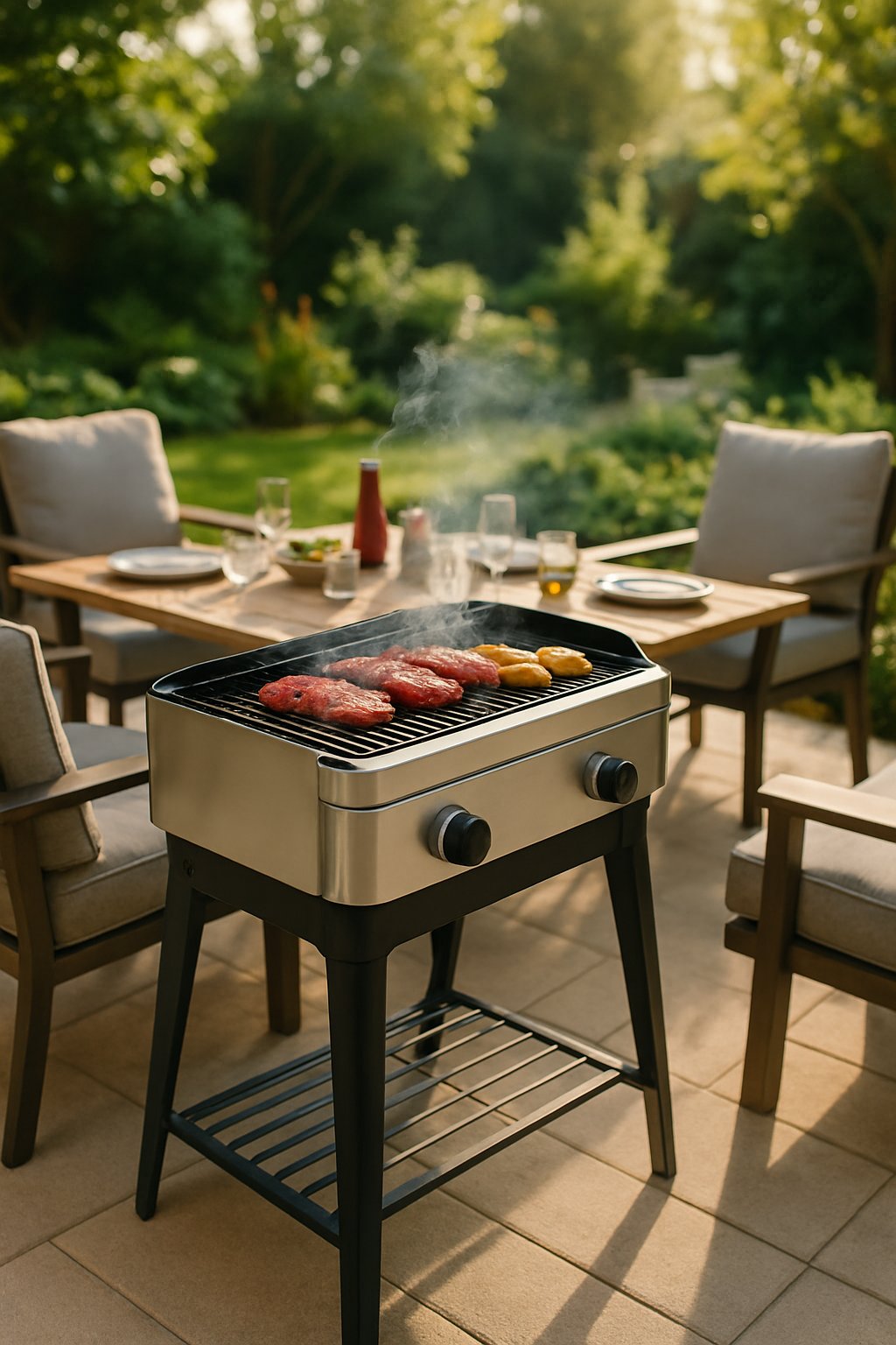 Portable BBQ grill set up in an outdoor patio area with seating and greenery.