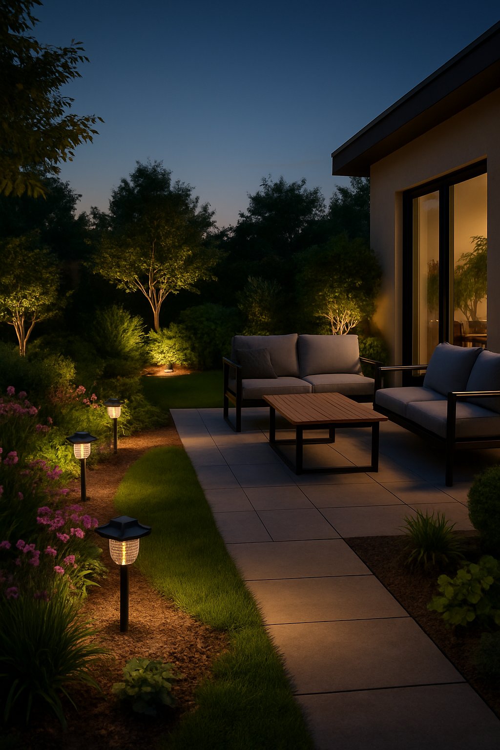 Outdoor living space at dusk with solar-powered landscape lighting illuminating a patio and garden pathways.