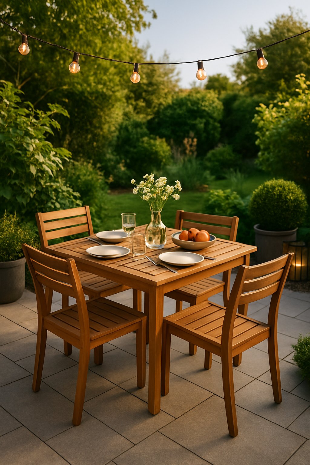 Compact outdoor dining table with four chairs set on a patio surrounded by plants and garden.