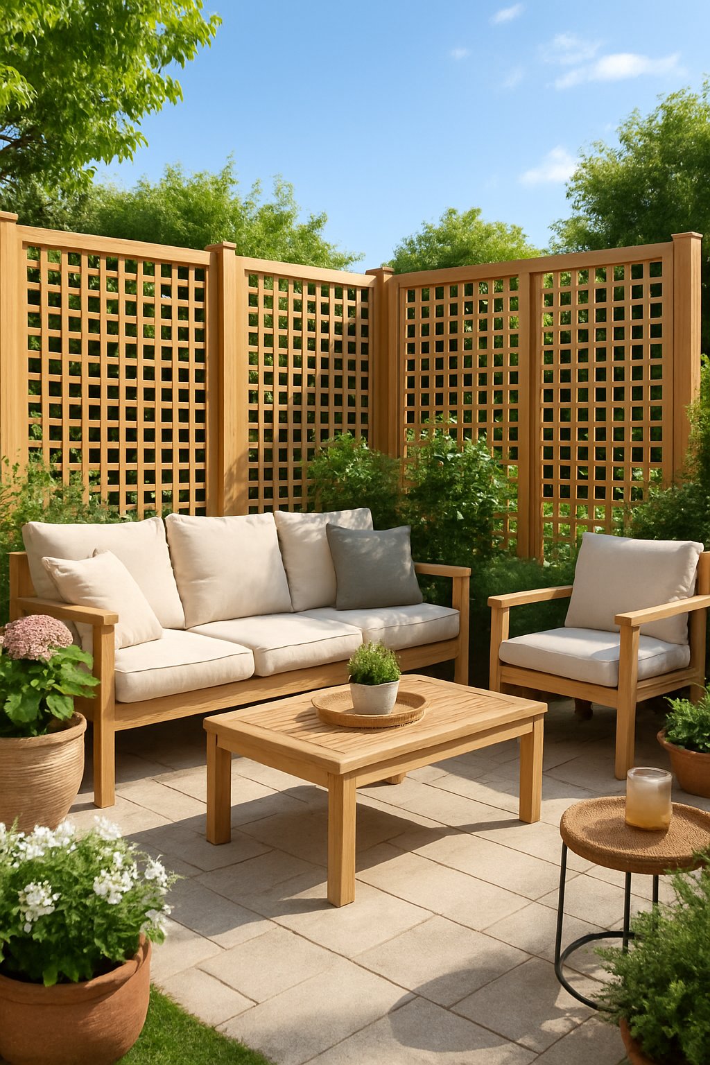 Outdoor patio with wooden lattice privacy screens, seating area, and surrounding plants.