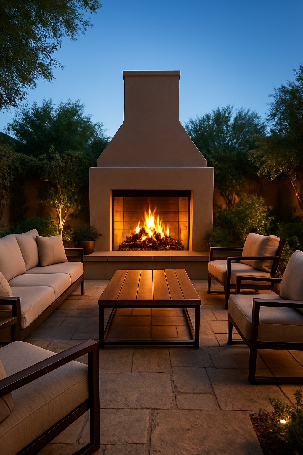 Outdoor patio with a fireplace surrounded by cushioned seating and plants.