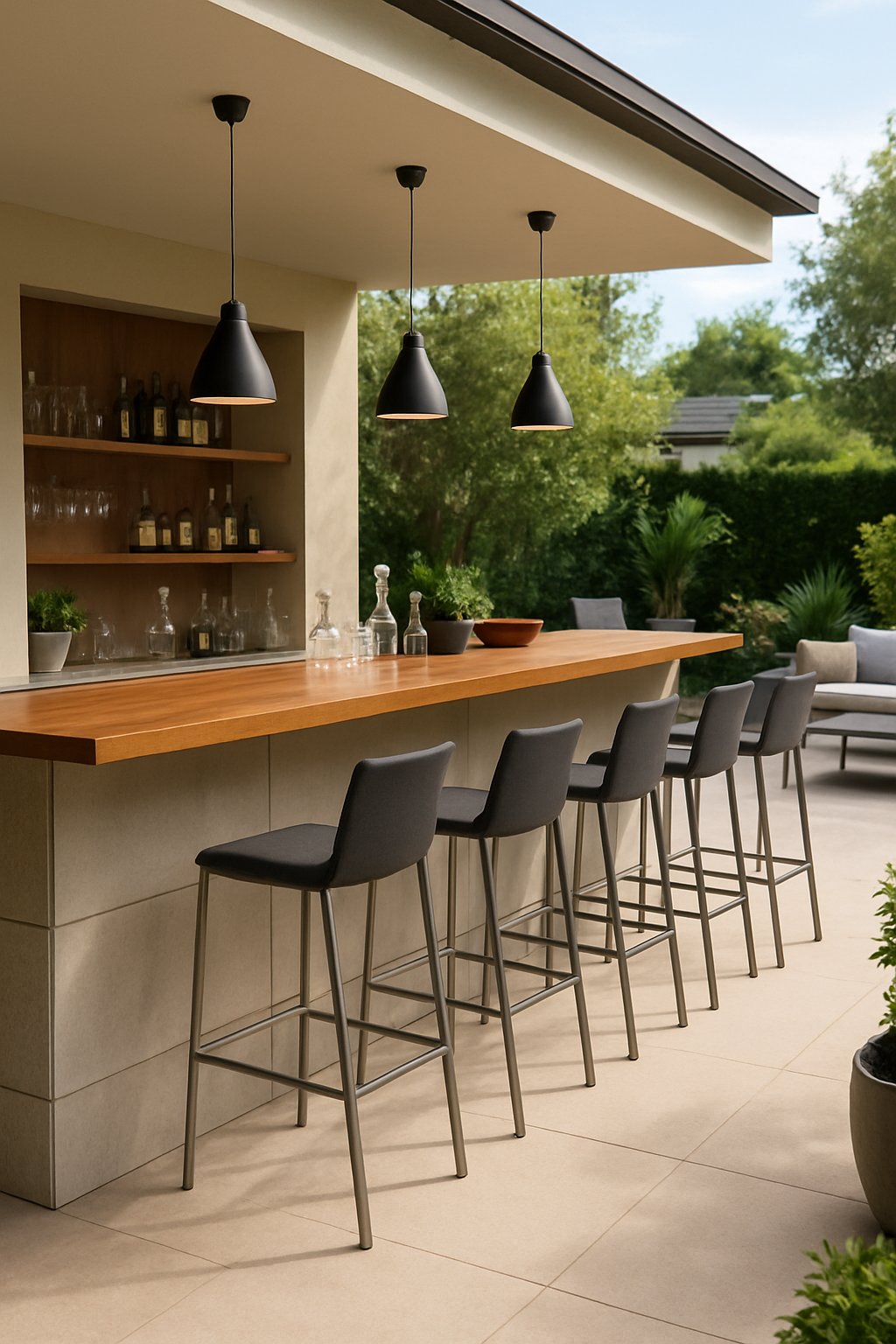 Outdoor bar with stools in a spacious outdoor living area surrounded by greenery and patio decor.