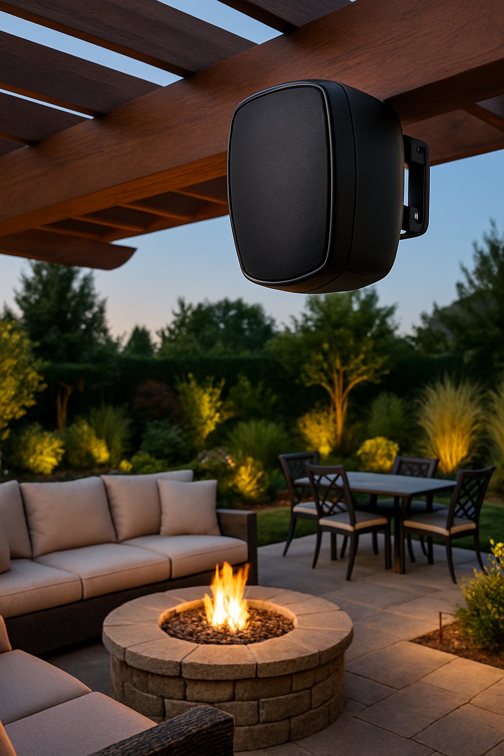 Outdoor entertaining area with a mounted speaker system, patio furniture, fire pit, and surrounding greenery under a clear sky.