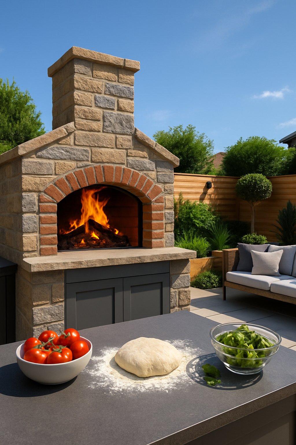 A built-in pizza oven in an outdoor living space with seating, plants, and cooking ingredients.